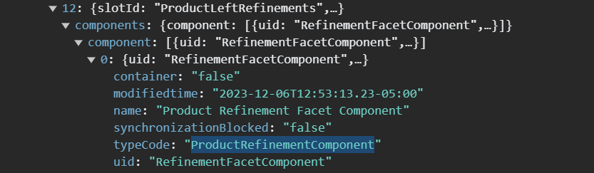 The preview of the request to the `cms/pages?` endpoint with the `ProductRefinementComponent` component shown