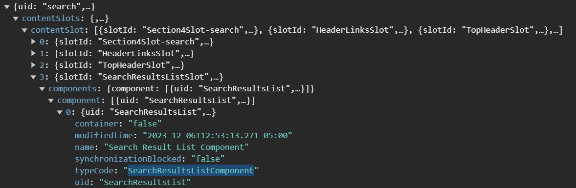 The preview of the request to the `cms/pages?` endpoint with the `SearchResultsListComponent` component shown