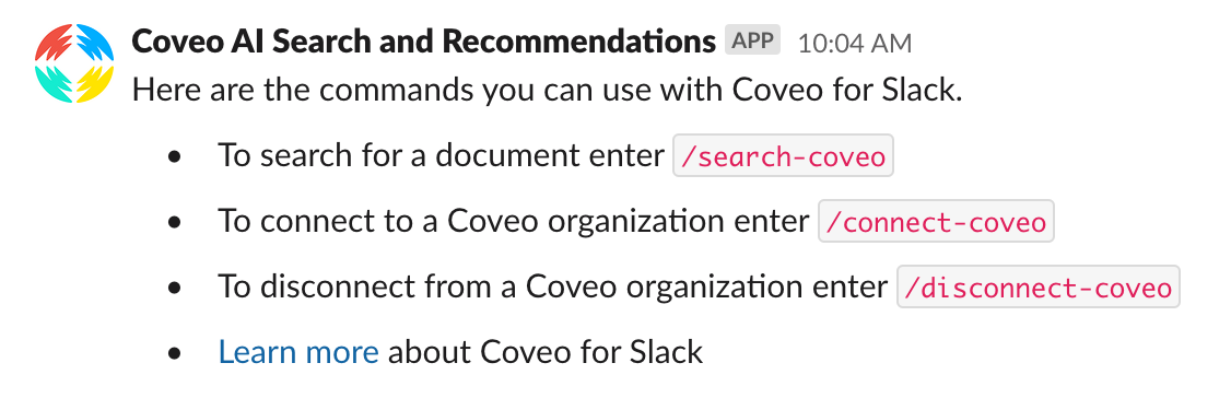 Coveo for Slack help output