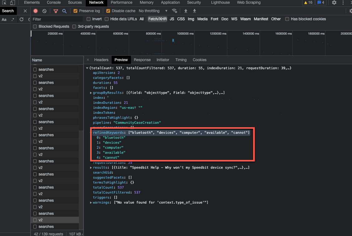 capture of the refined keywords shown in the developer tools