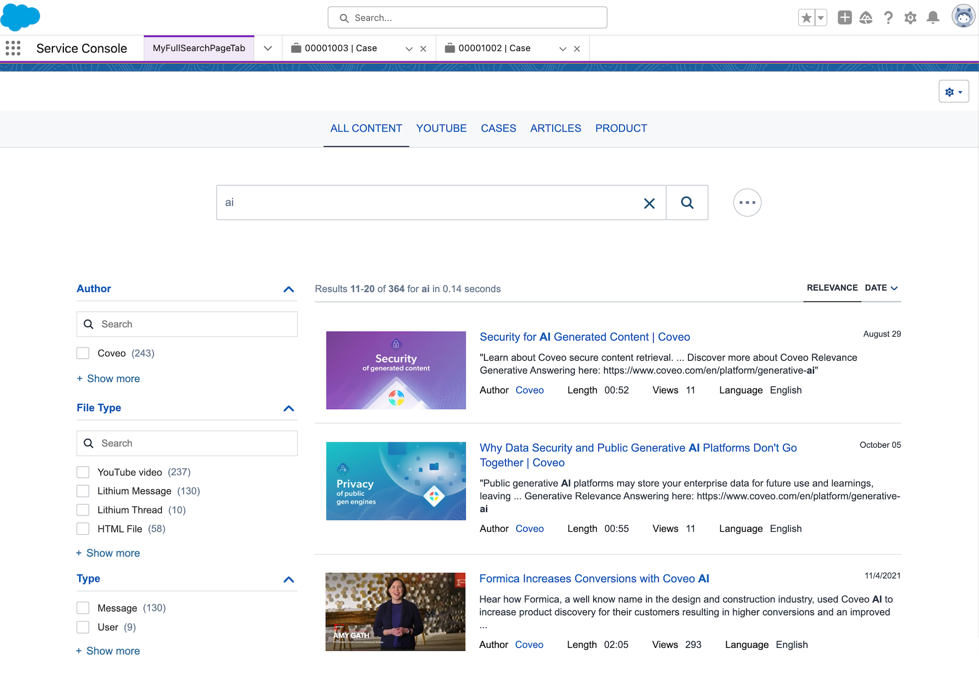 Coveo Full Search in Service Console | Coveo for Salesforce