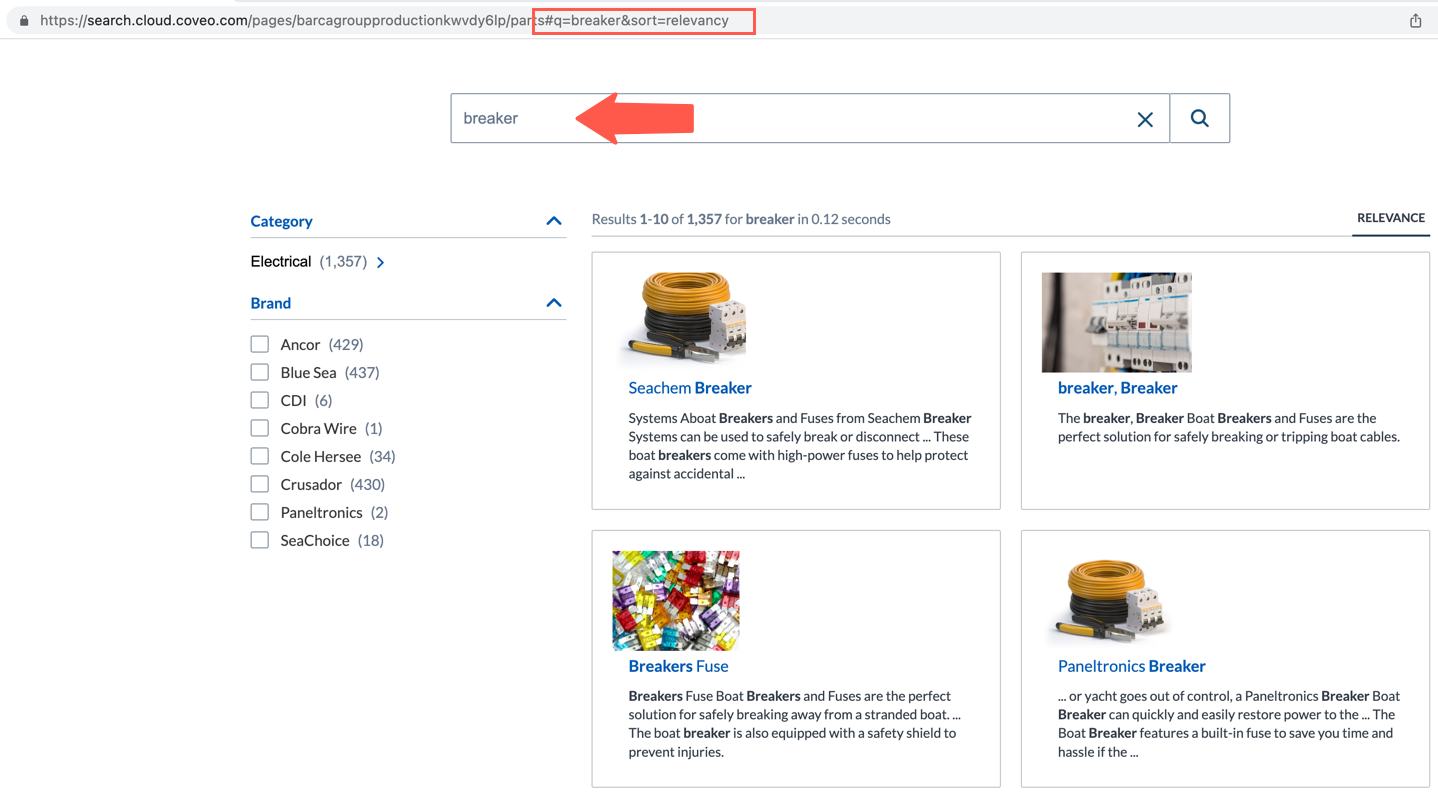 Customer support website example showing breaker products and filters