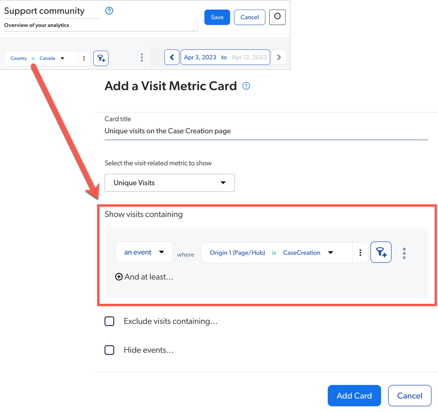 Add a Visit Metric card panel showing filter combination example | Coveo