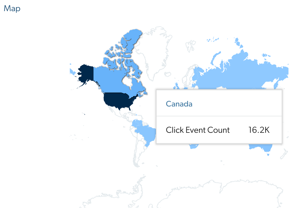 Map card showing click event count by country | Coveo Usage Analytics