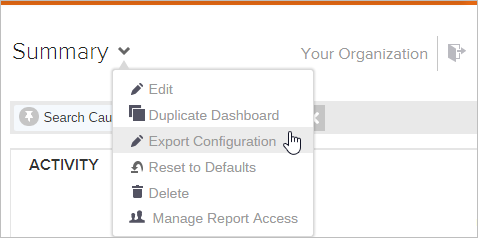 Coveo Usage Analytics dashboard menu showing options Edit Duplicate Dashboard Export Configuration Reset to Defaults Delete and Manage Report Access