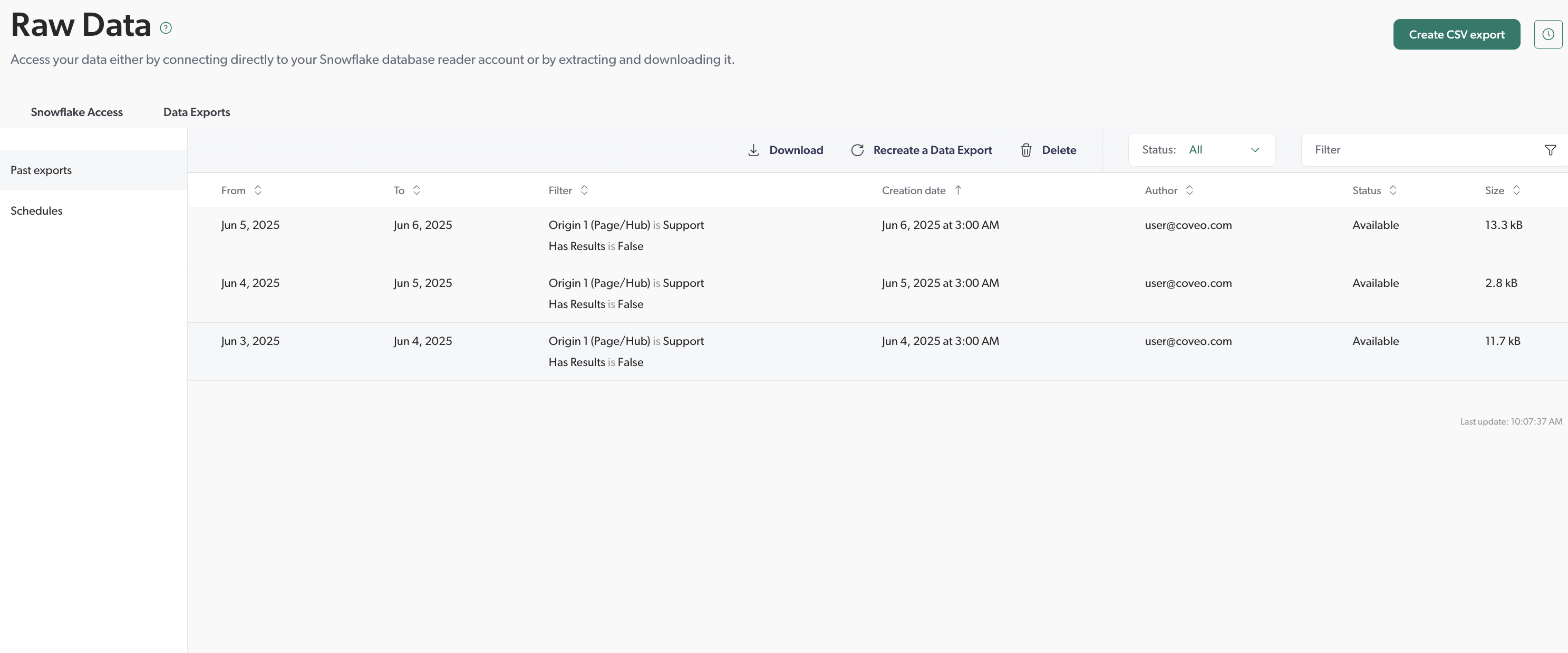 Data Exports tab | Coveo