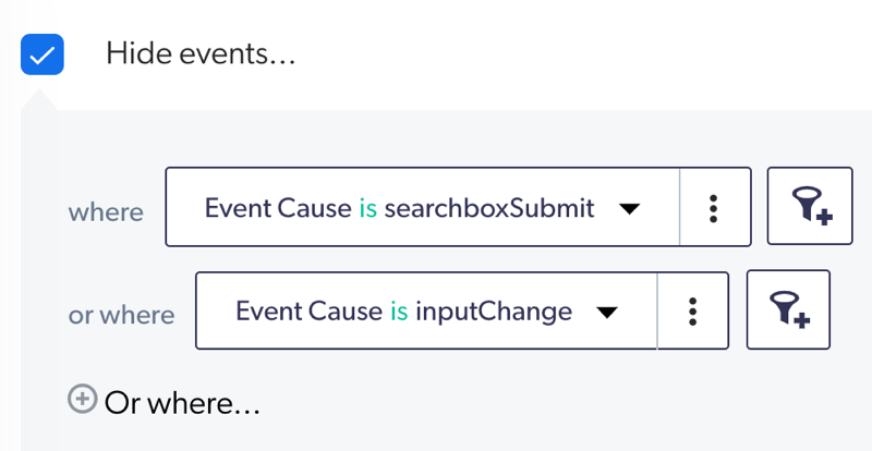 interface showing Hide events section with Event Cause options | Coveo