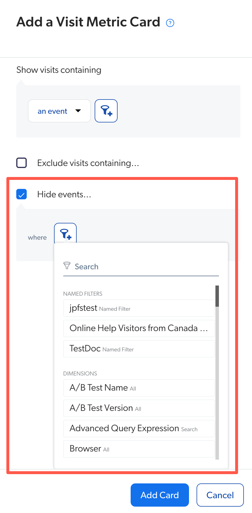 Visit Metric Card interface showing Hide events option | Coveo