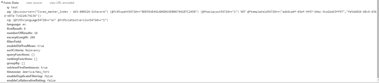 The Headers tab also allows you to see the full query that’s sent by your Coveo for Sitecore Search page to your CES machine | Coveo for Sitecore 4