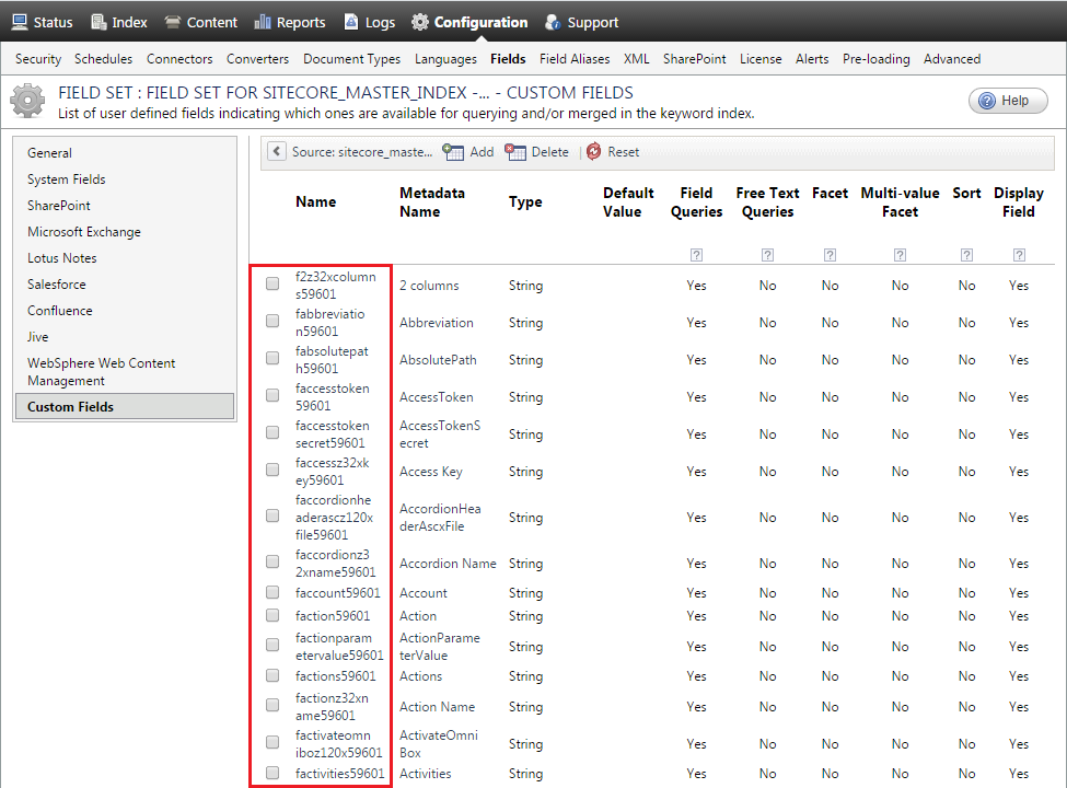 By choosing Edit you can see all the fields automatically indexed by the source | Coveo for Sitecore 4