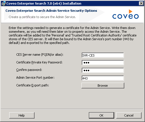 Export path: enter the path where the certificate’s .pfx file will be exported | Coveo for Sitecore 4