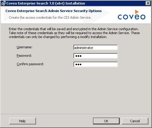 In the Create the access credentials for the CES Admin Service screen enter the credentials that will be used to secure the…​ | Coveo for Sitecore 4