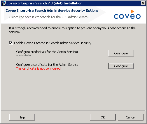 Back in the previous screen click Configure next to Configure a certificate for the Admin Service | Coveo for Sitecore 4