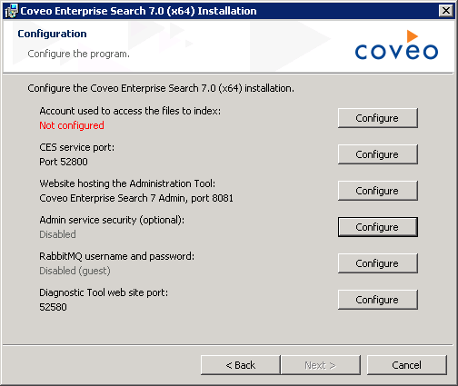 When installing CES in the Configuration screen choose Configure next to Admin service security | Coveo for Sitecore 4