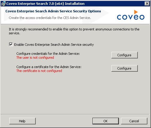 In the Coveo Enterprise Search Admin Service Security Options screen select Enable Coveo Enterprise Search AdminService…​ | Coveo for Sitecore 4