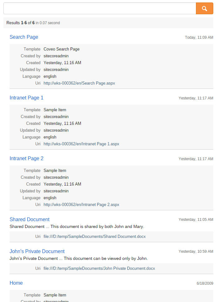 So when John visits the search page he gets this result | Coveo for Sitecore 4