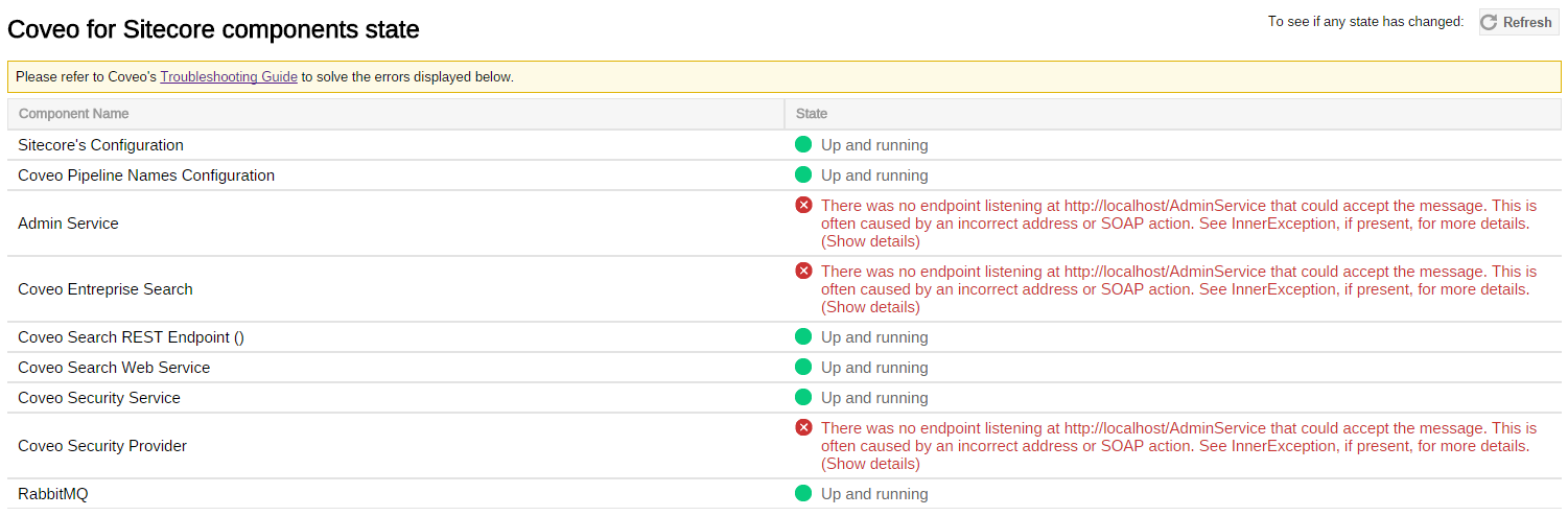 However if any module is down (the Admin Service for example) you’ll see an error message similar to this one (On-Premises) | Coveo for Sitecore 4