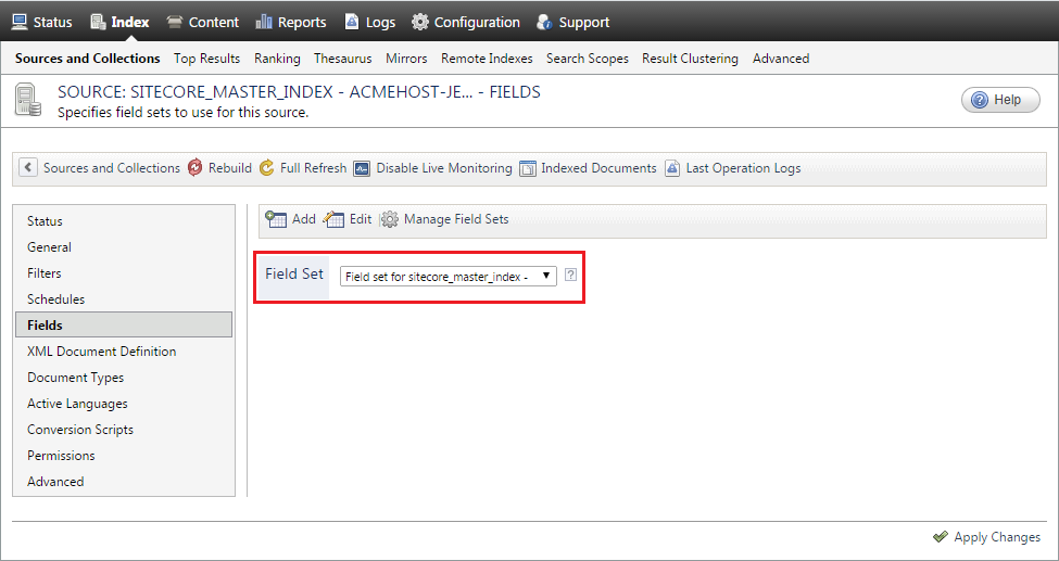 Back to the source under the Fields section you can see that it actually links to a Field Set created by Coveo for Sitecore | Coveo for Sitecore 4