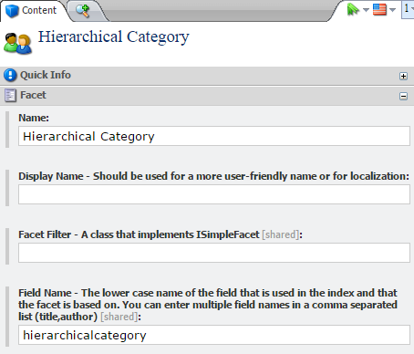 Change the item field name (Facet > Field Name) to hierarchicalcategory | Coveo for Sitecore 4