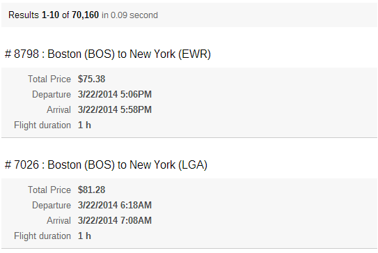 By the end you should have a result template that includes relevant information about flights as shown below | Coveo for Sitecore 4