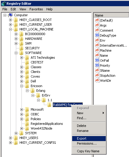 For recovery purposes export the key HKEYLOCALMACHINE\SOFTWARE\Ericsson\Erlang\ErlSrv\1.1\RabbitMQ for Coveo (right-click >…​ | Coveo for Sitecore 4