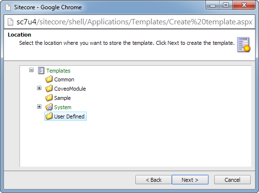 Select the User Defined folder for the location and choose Next | Coveo for Sitecore 4