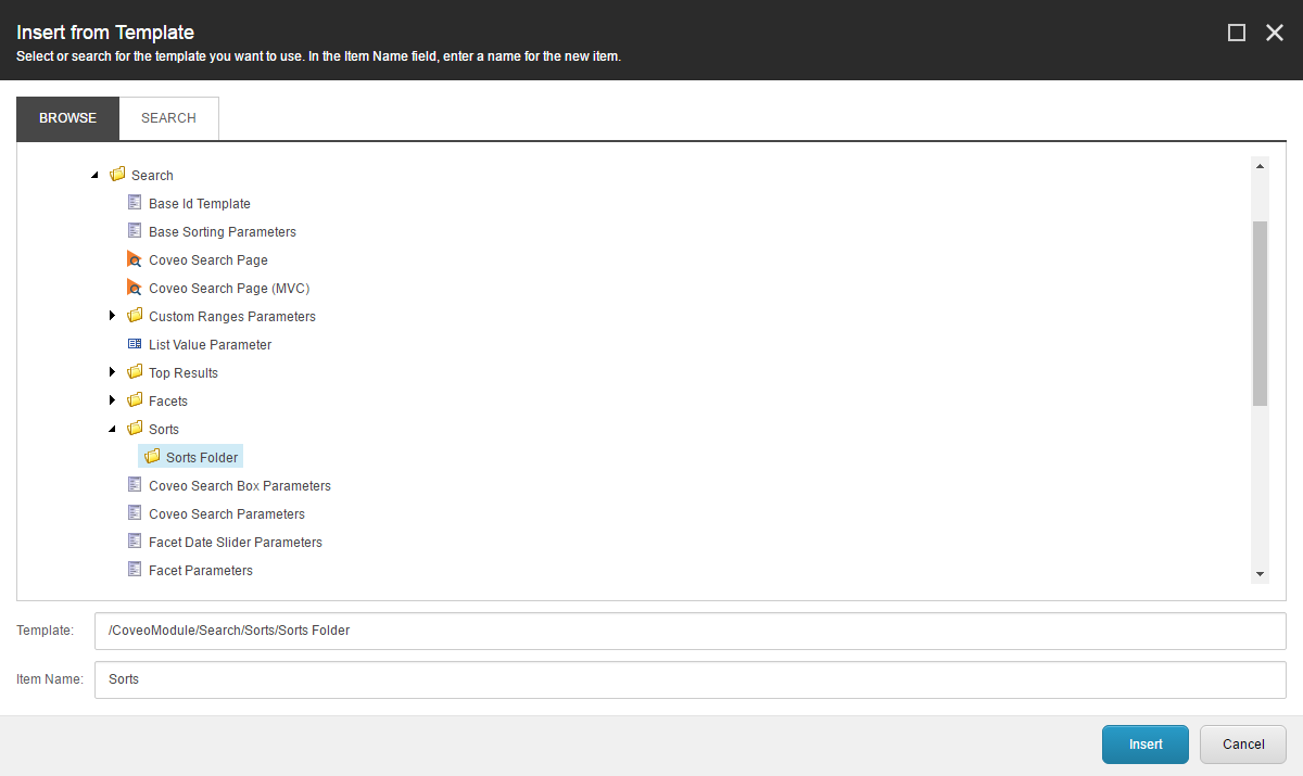 Insert a new Sorts Folder | Coveo for Sitecore 4