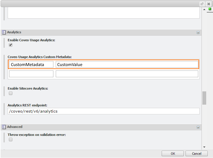 In the Coveo Usage Analytics Custom Metadata section add the name of your custom metadata with its corresponding value | Coveo for Sitecore 4