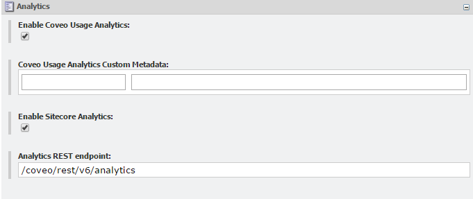Toggle the Enable Sitecore Analytics field as shown below | Coveo for Sitecore 4