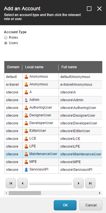 Choose the Account Type and select the User or Role you want to add | Coveo for Sitecore 4