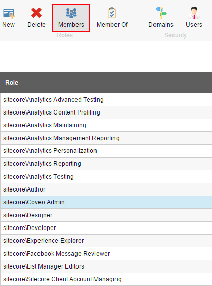Select the sitecore\Coveo Admin role and choose the Members menu item | Coveo for Sitecore 4