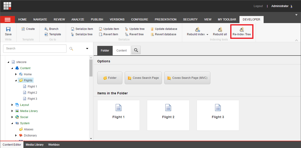 Rebuild your master index through the Sitecore Control Panel or rebuild only the /sitecore/content/Flights tree through the…​ | Coveo for Sitecore 4