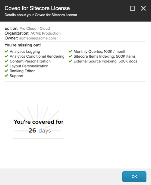 In this example ACME is running the Pro Cloud edition | Coveo for Sitecore 4