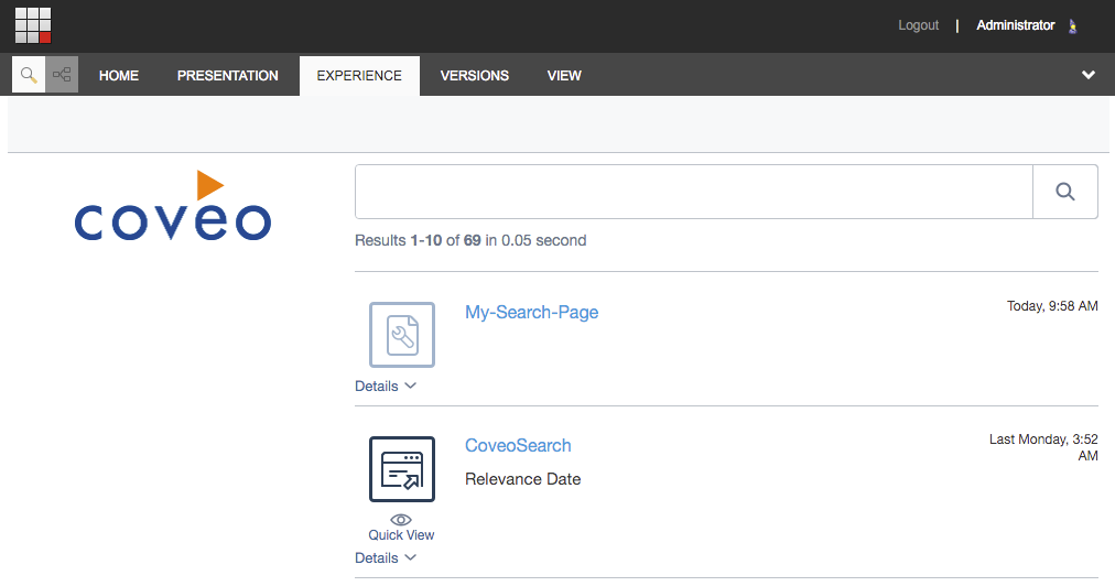 Validate that you see your search page and that a few search results are displayed | Coveo for Sitecore 4