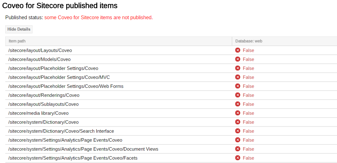You can click Show details to show the list of currently published items as shown in the following image | Coveo for Sitecore 4