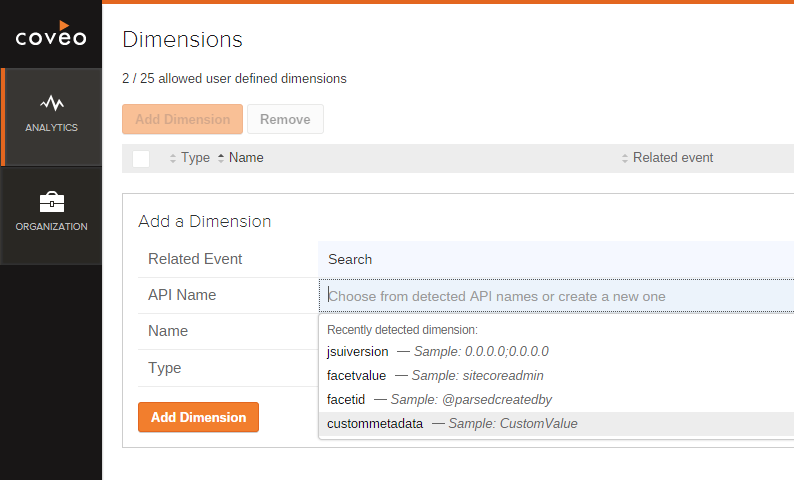 Once a query is sent to Coveo UA module the dimension name will be suggested in the Add a Dimension section | Coveo for Sitecore 4