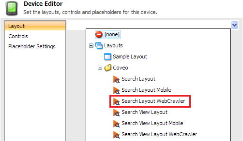 In the next screen (Device Editor) under Layout select Search Layout WebCrawler | Coveo for Sitecore 4