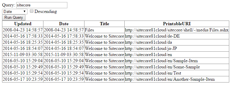 When clicking Descending to sort in the ascending direction you should get a page similar to this | Coveo for Sitecore 4