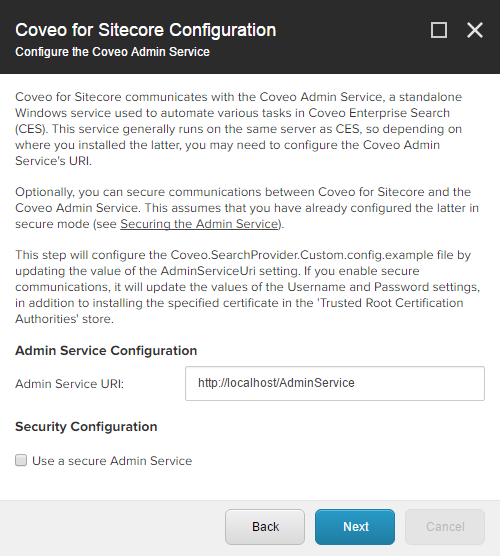 For a remote setup (secured): https:///AdminService | Coveo for Sitecore 4