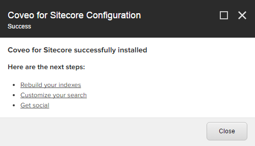 This screen contains links to useful documentation to finalize your Coveo for Sitecore installation | Coveo for Sitecore 4