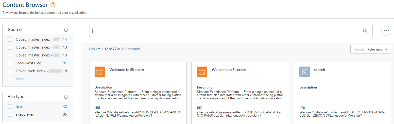 On the Content Browser tab you should see the documents you indexed | Coveo for Sitecore 4