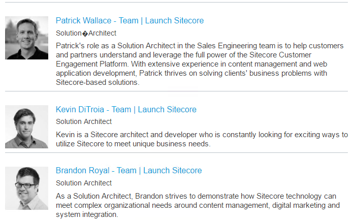 You should now see that the team members associated with the Network Architect pattern card are boosted at the top of the page | Coveo for Sitecore 4
