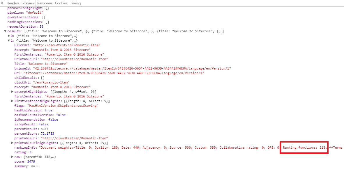 Then when opening your browser developer console you should see the details of the ranking generated for each result | Coveo for Sitecore 4
