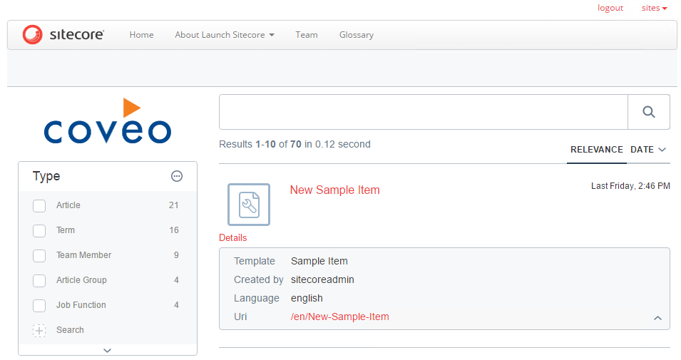 Test that your item behaves as expected by selecting the Publish tab and clicking Preview | Coveo for Sitecore 4