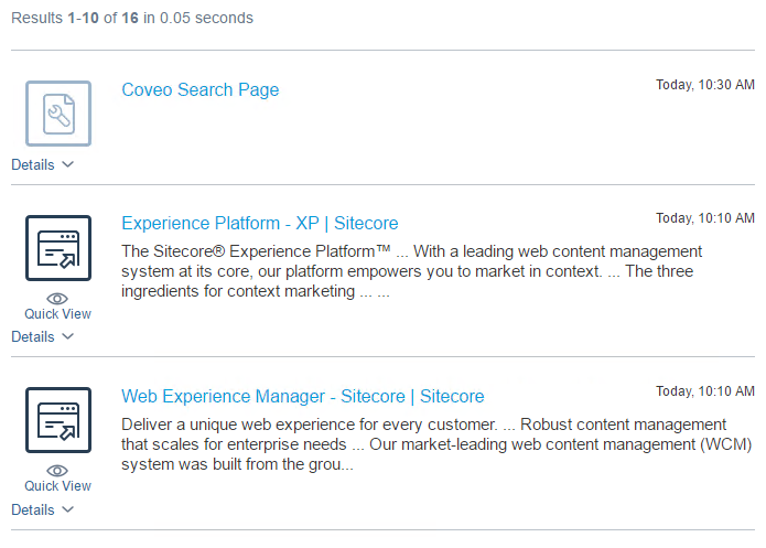 The page should refresh showing you results coming from Sitecore and your external source | Coveo for Sitecore 4