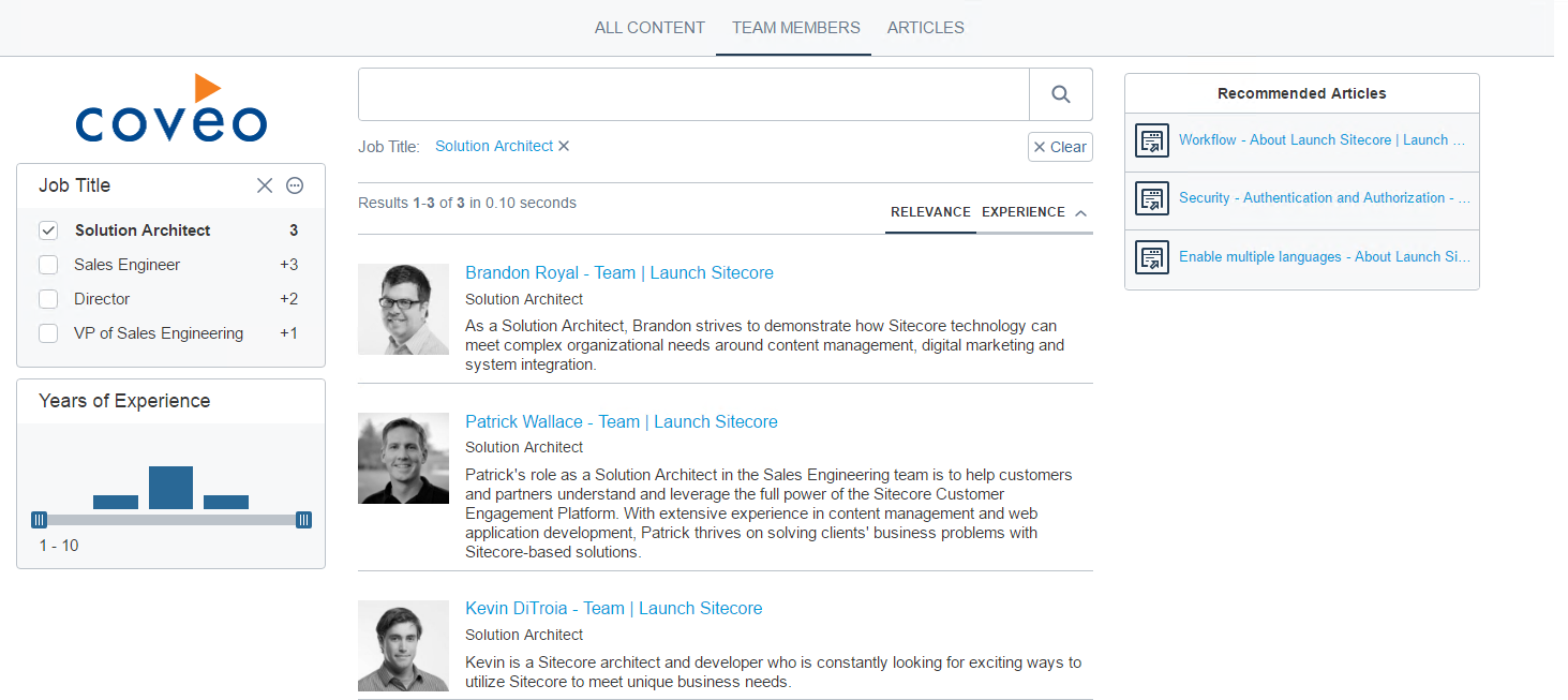 The search interface also includes a recommendations component which is only available to Enterprise cloud edition users | Coveo for Sitecore 4