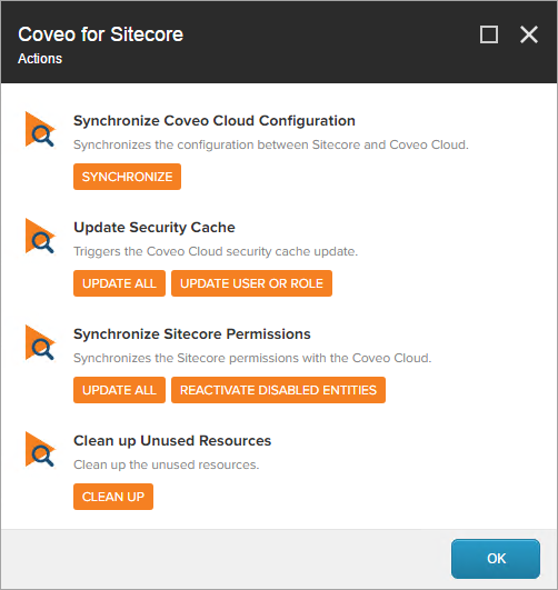 The Coveo for Sitecore Actions dialog will be displayed (Cloud) | Coveo for Sitecore 4
