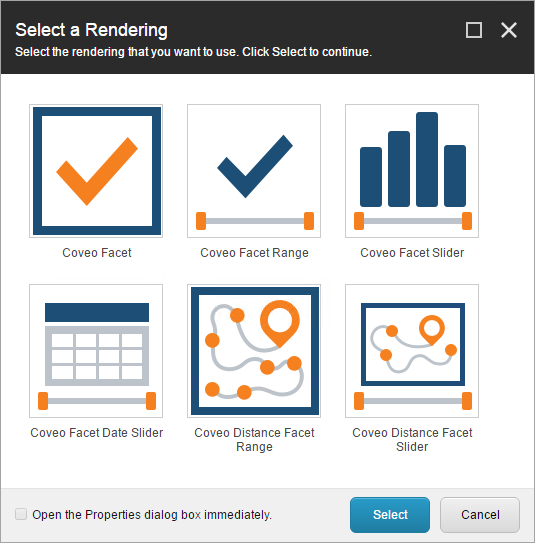 In the Select a Rendering dialog select the type of facet you want to add and then choose Select | Coveo for Sitecore 4