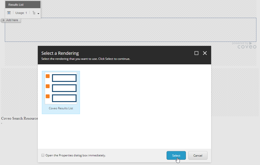 In the Results List placeholder add a Coveo Results List component | Coveo for Sitecore 4