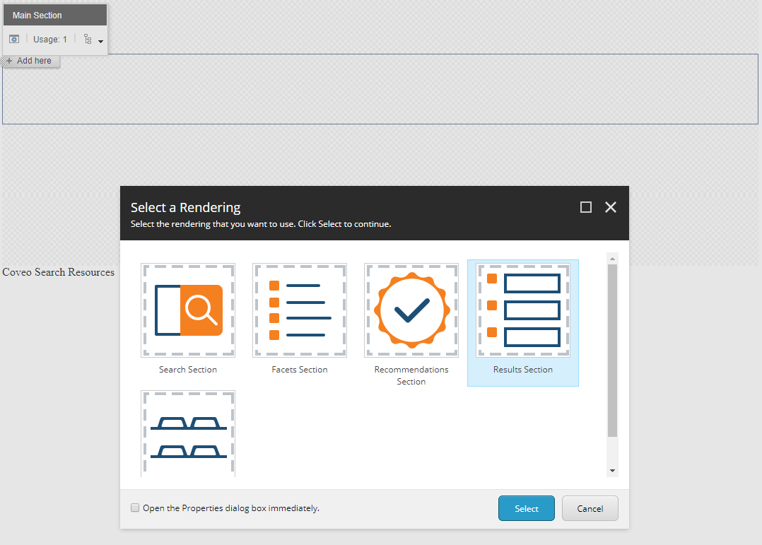 In the Main Content placeholder add a Results Section | Coveo for Sitecore 4